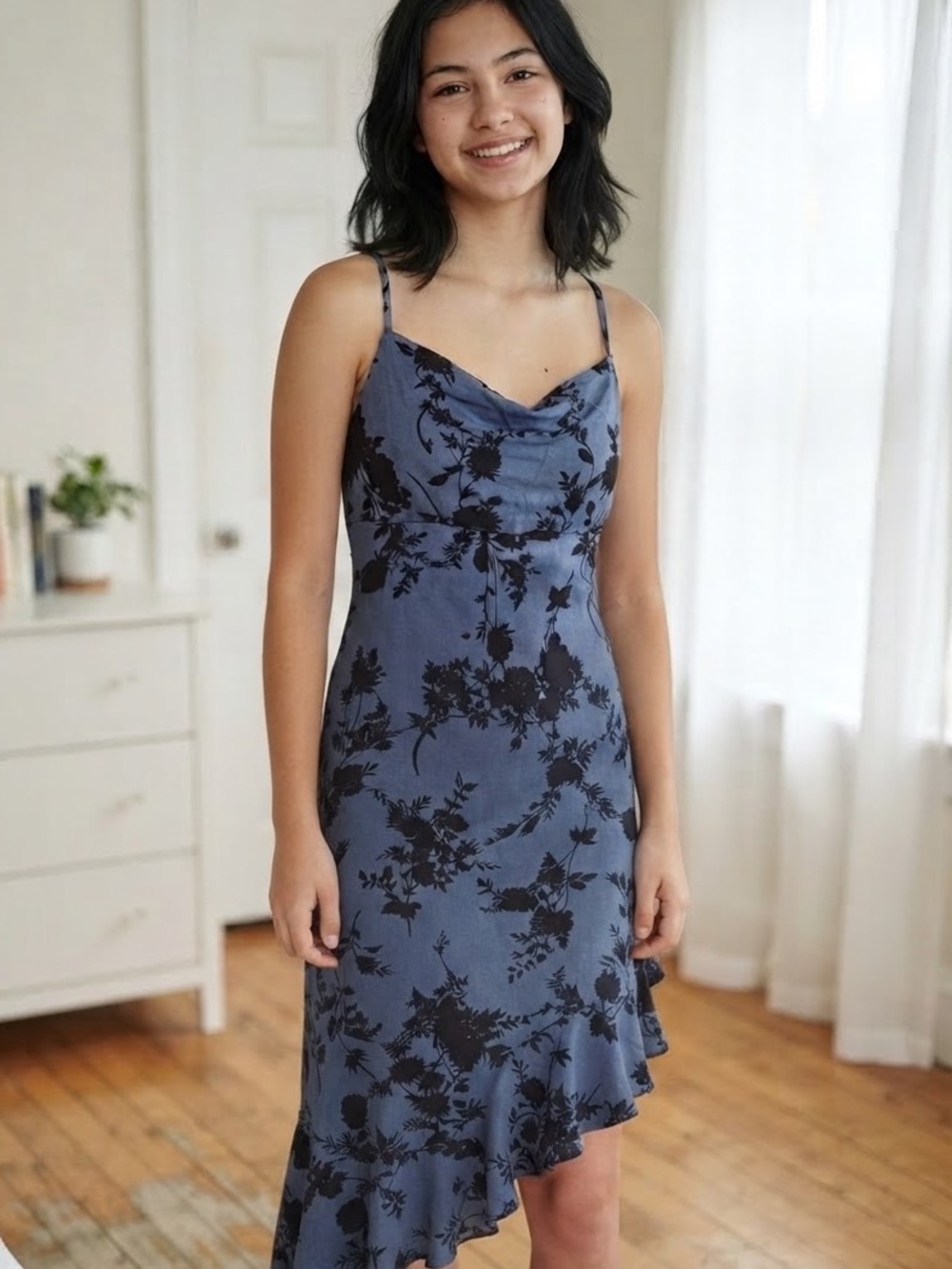 "Live to Be Spoiled" Navy and Black Floral Slip Dress with asymmetrical hem.